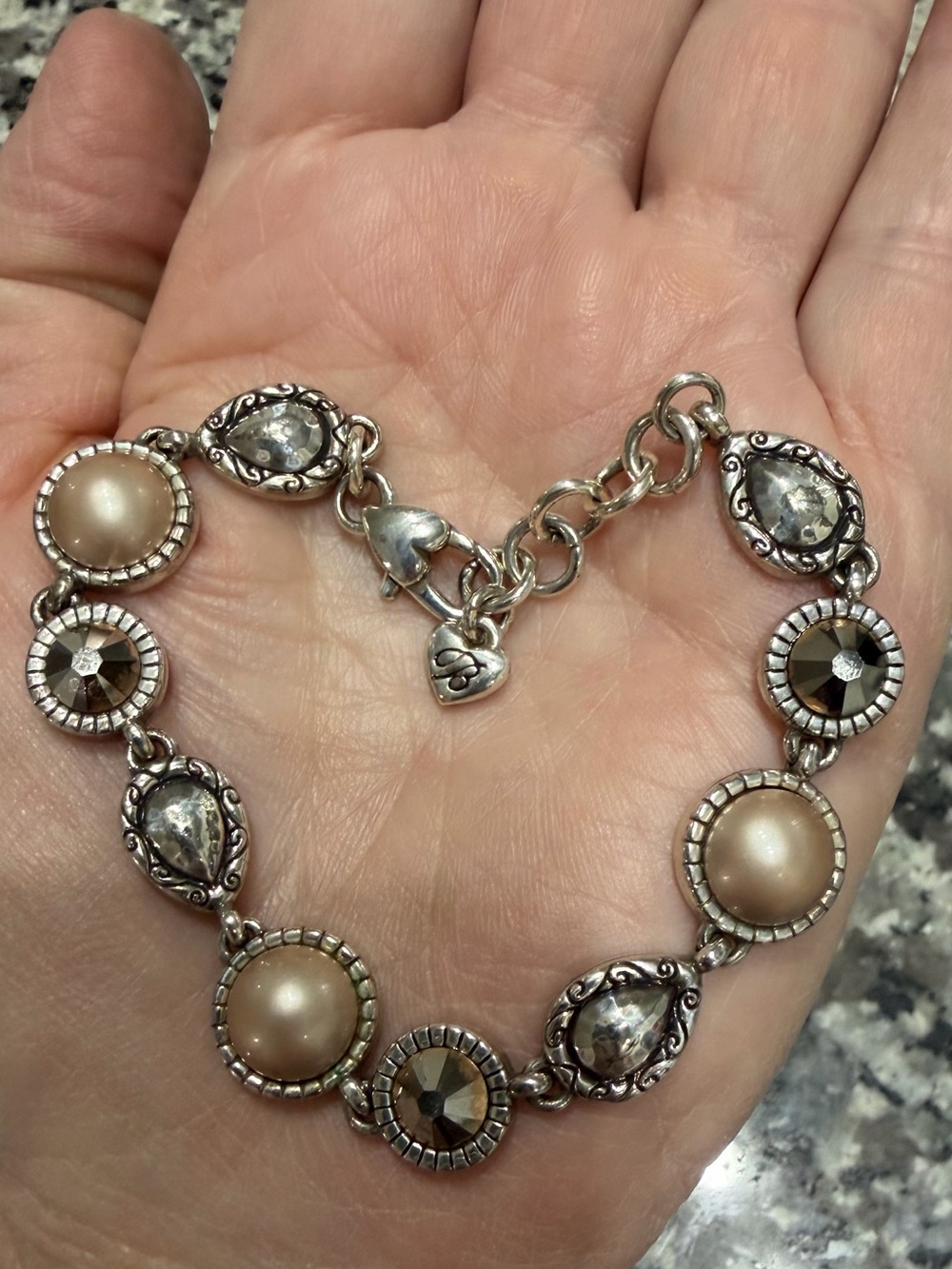 Brighton Romantic Retired Pearl Swarovski Crystal Link Bracelet Vintage Sz 7.5